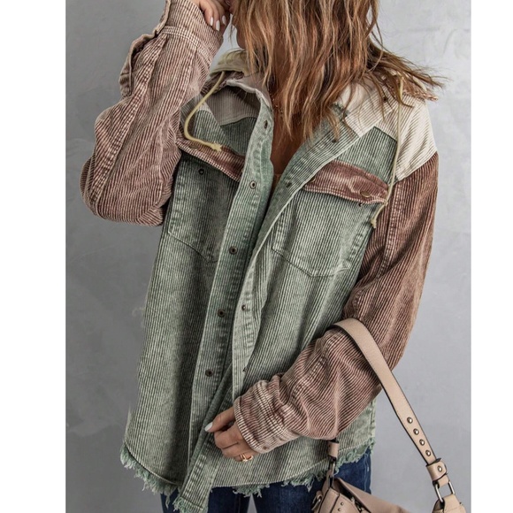 016 Cozy Color Block Oversized Corduroy Hoodie Jacket Shacket - Picture 3 of 13